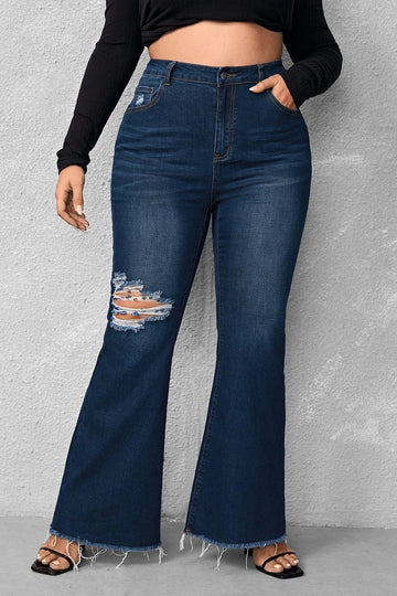 Woochic Pantalon grande taille évasé denim déchiré à bords bruts bleu foncé XL